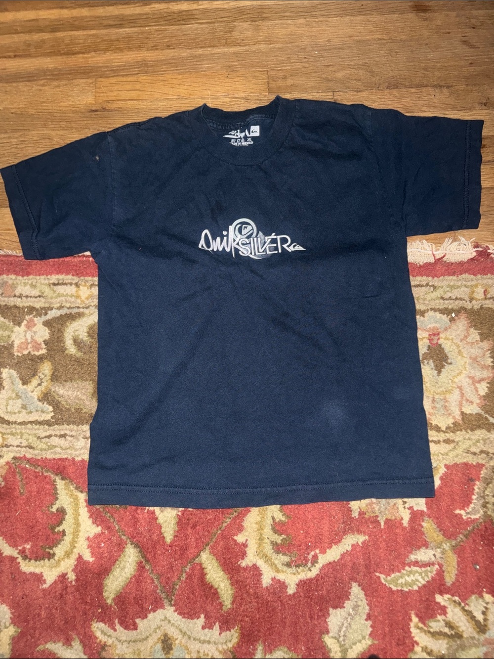 Vintage 90s Y2K Quiksilver Surf Spellout Graphic Tee | Sun-Faded Navy Blue Skate